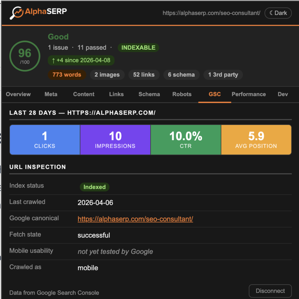 AlphaSERP extension displaying Google Search Console metrics and URL inspection data in dark mode.