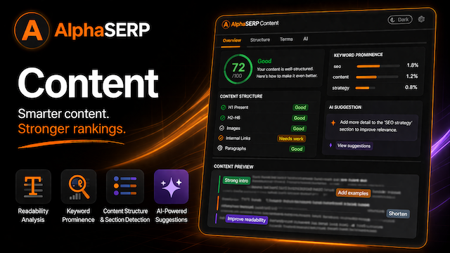 AlphaSERP Content Chrome extension showing content analysis, keyword prominence and AI-powered suggestions for SEO