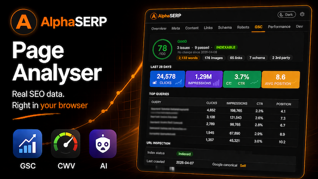 AlphaSERP Page Analyser Chrome extension showing SEO audit score, Google Search Console data and Core Web Vitals inside browser