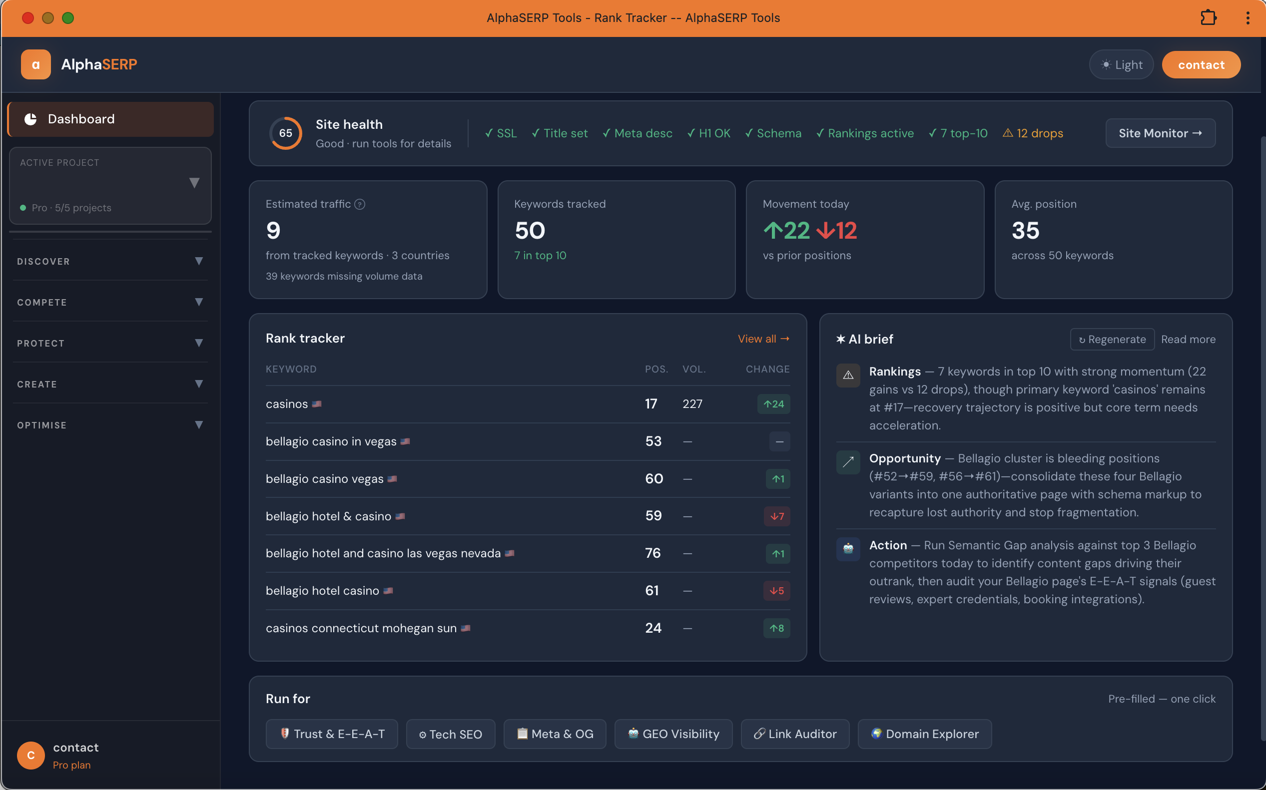 AlphaSERP Tools dashboard