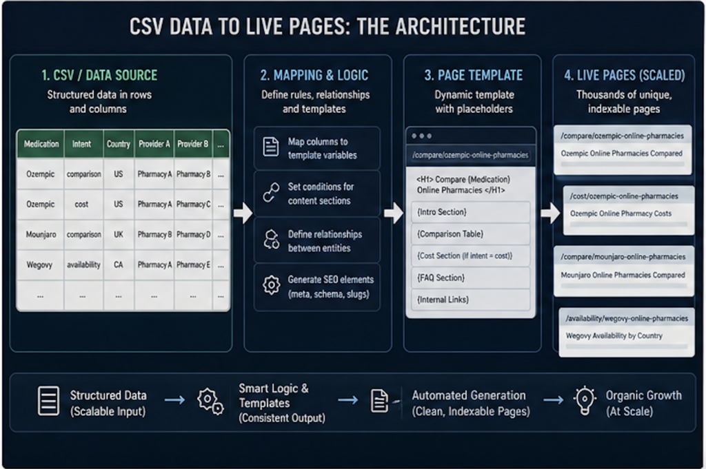 Architecture diagram showing how CSV data maps to templates and generates scalable SEO pages in a programmatic SEO system