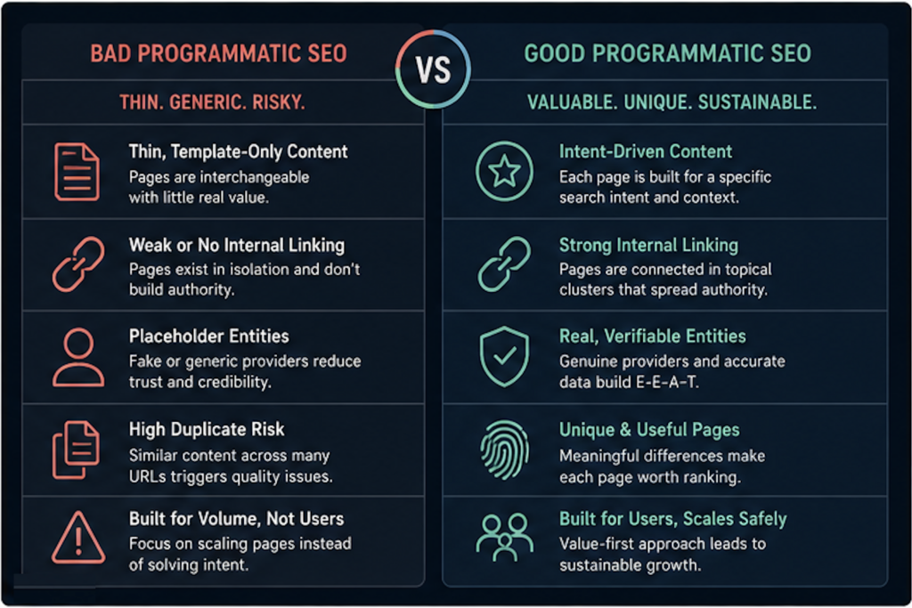 Comparison of bad vs good programmatic SEO showing thin duplicate content and placeholder entities versus intent-driven pages with real data and strong internal linking
