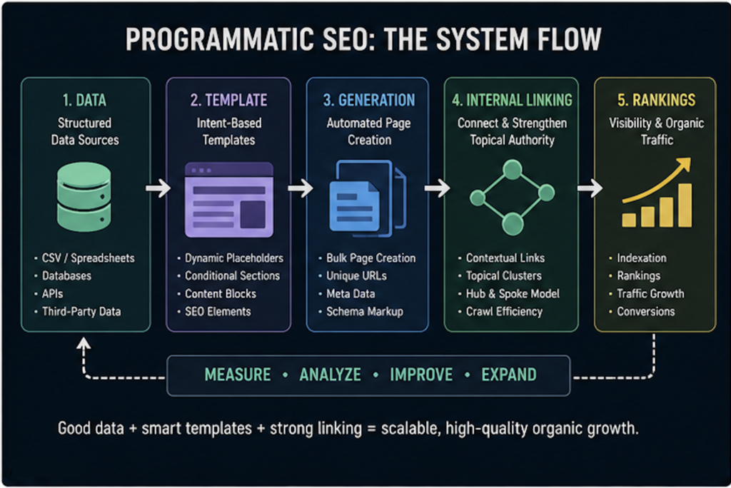 Diagram showing programmatic SEO workflow from structured data and templates to automated page generation, internal linking, and organic rankings